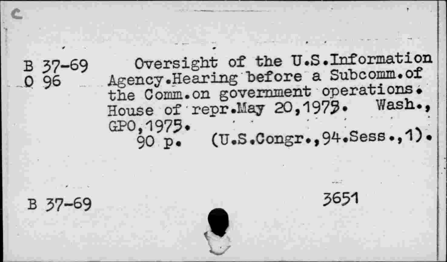 ﻿c
B 37-69 -0 96
Oversight of the U.S .Information Agency»Hearing before a Subcomm»of the Comm.on government operations» House of repr.May 20,1975* Wash., GPO,1975*	' ’	•	'	:
90 p. (U.S.Congr.,94.Sess.,1).
B 37-69
5651